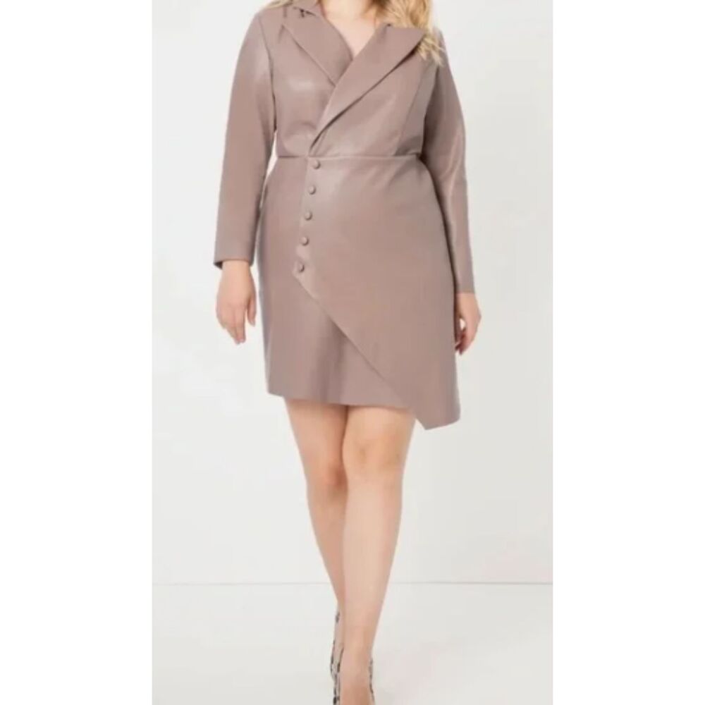 Eloquii Asymmetrical Faux Leather Trench Dress, Size 22, in Taupe